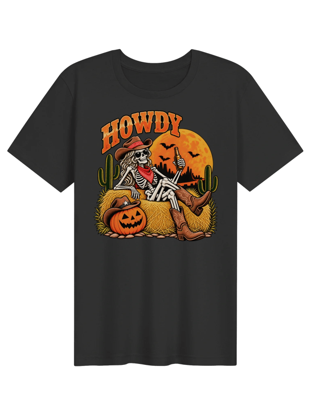 Howdy Texas Skeleton Cowboy Halloween Womens Shirt shirt in dark grey