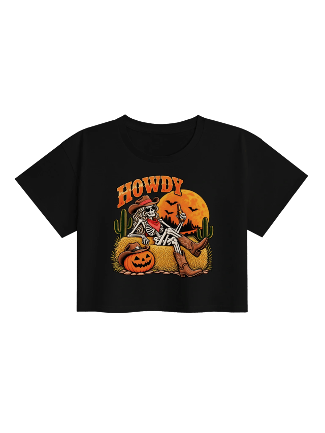 Howdy Skeleton Cowboy Halloween Crop Top shirt in black