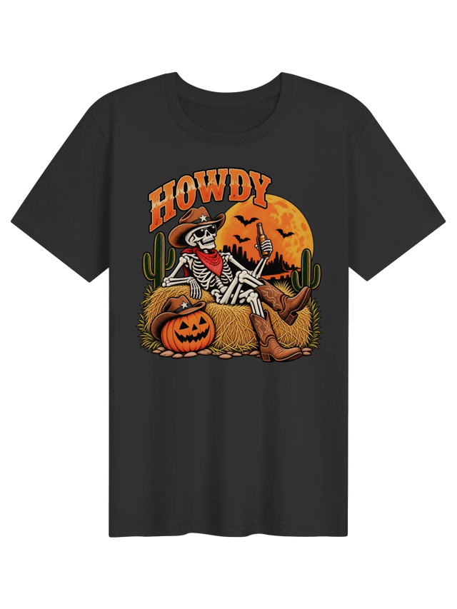 Howdy Texas Skeleton Cowboy Halloween Womens Shirt shirt in dark grey