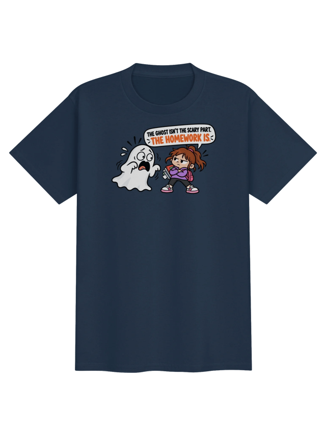Homework vs. Ghost Funny Kids Halloween Shirt shirt in navy