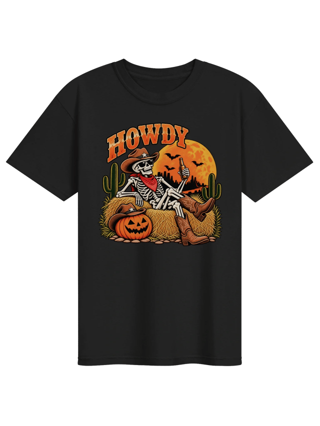 Howdy Texas Skeleton Cowboy Halloween Mens Shirt shirt in black