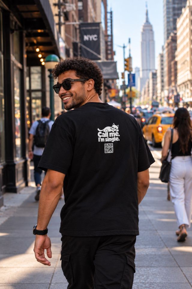 Smiling man walking down a city street, QR shirt print on his back